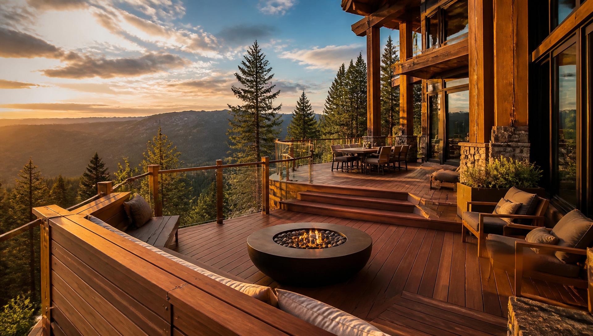 Luxury multi level cedar deck overlooking Montana mountains at sunset